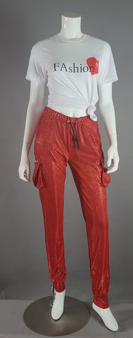 Glitter Drawstring Cargo Pants Red